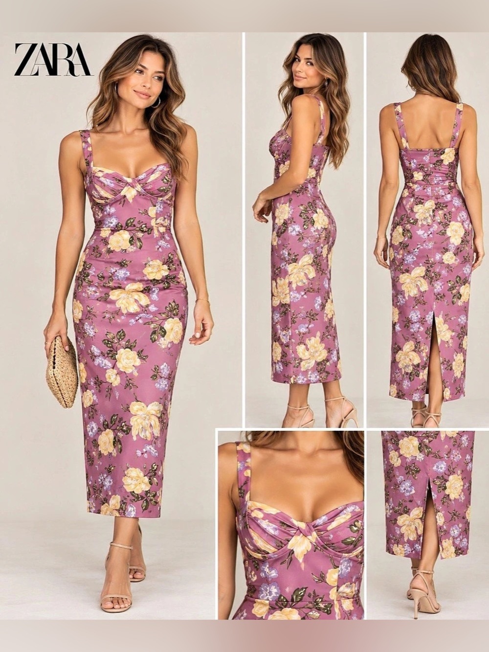 Zara Corset Floral Strappy Midi Dress